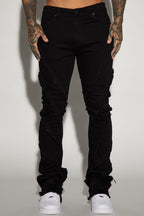 Slanted Fray Stacked Skinny Flare Jeans - Black image 3