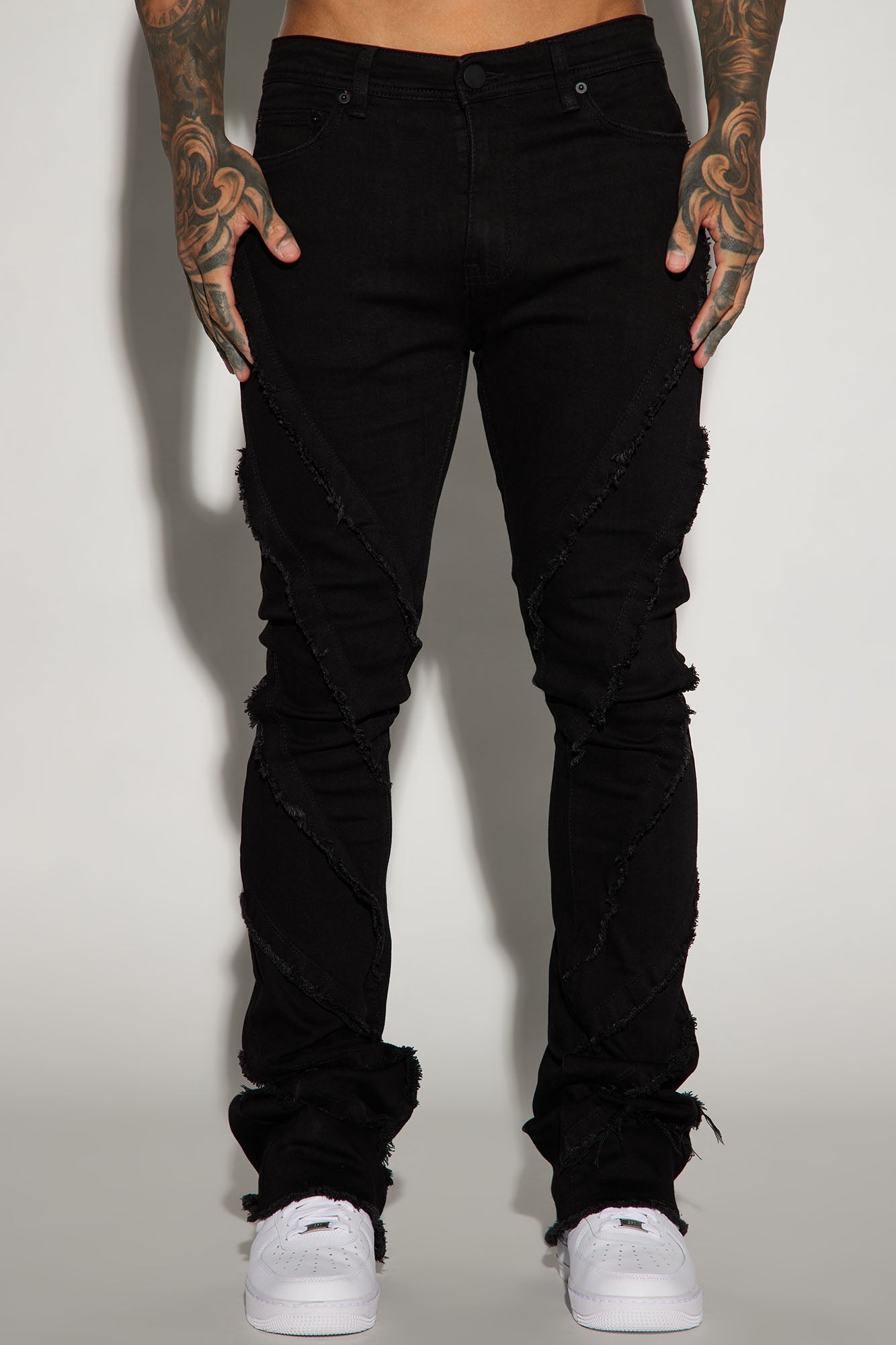 Slanted Fray Stacked Skinny Flare Jeans - Black image 3