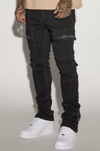 Triple Cargo Stacked Skinny Flare Jeans - Black Wash image 1