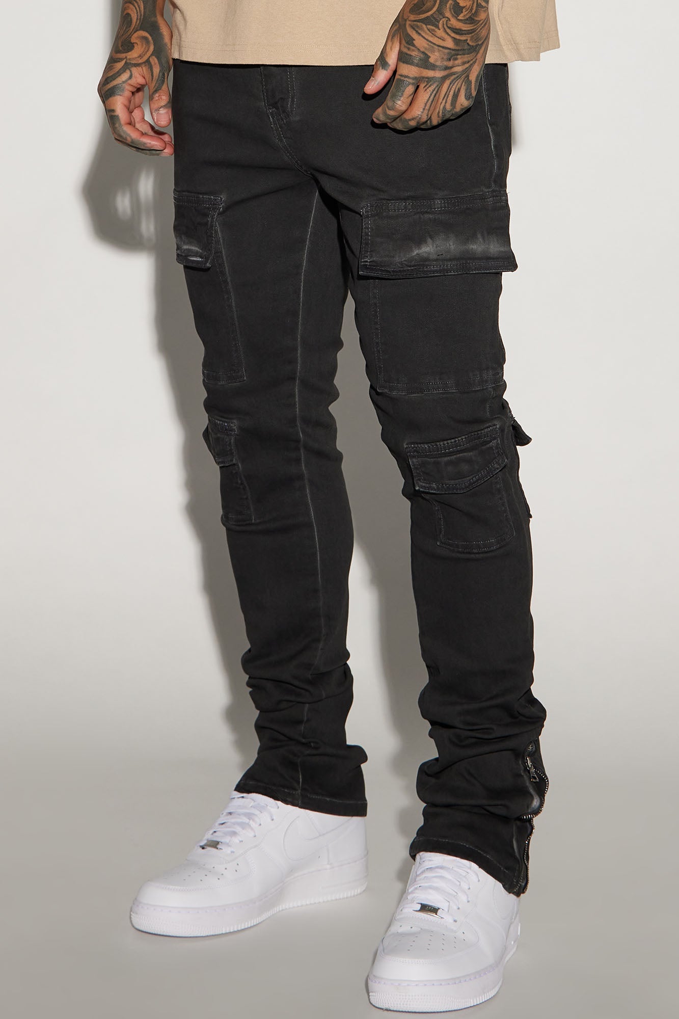 Triple Cargo Stacked Skinny Flare Jeans - Black Wash image 1