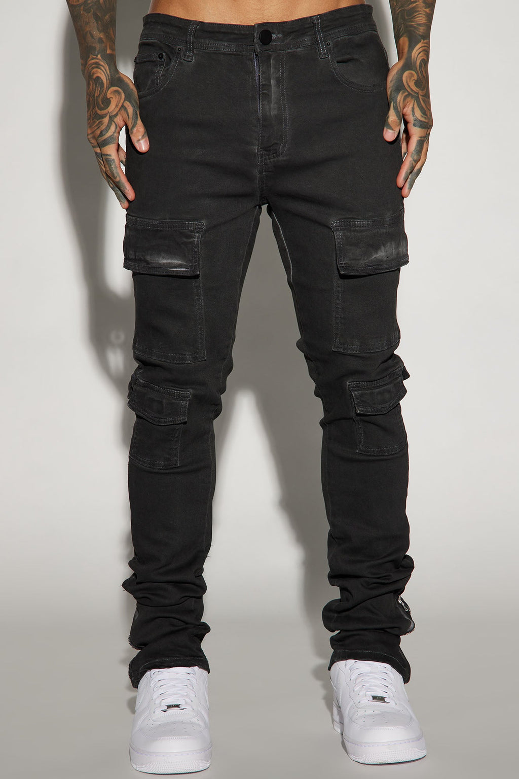 Triple Cargo Stacked Skinny Flare Jeans - Black Wash image 3