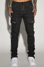 Triple Cargo Stacked Skinny Flare Jeans - Black Wash image 3
