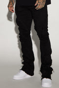 Slanted Fray Stacked Skinny Flare Jeans - Black image 1