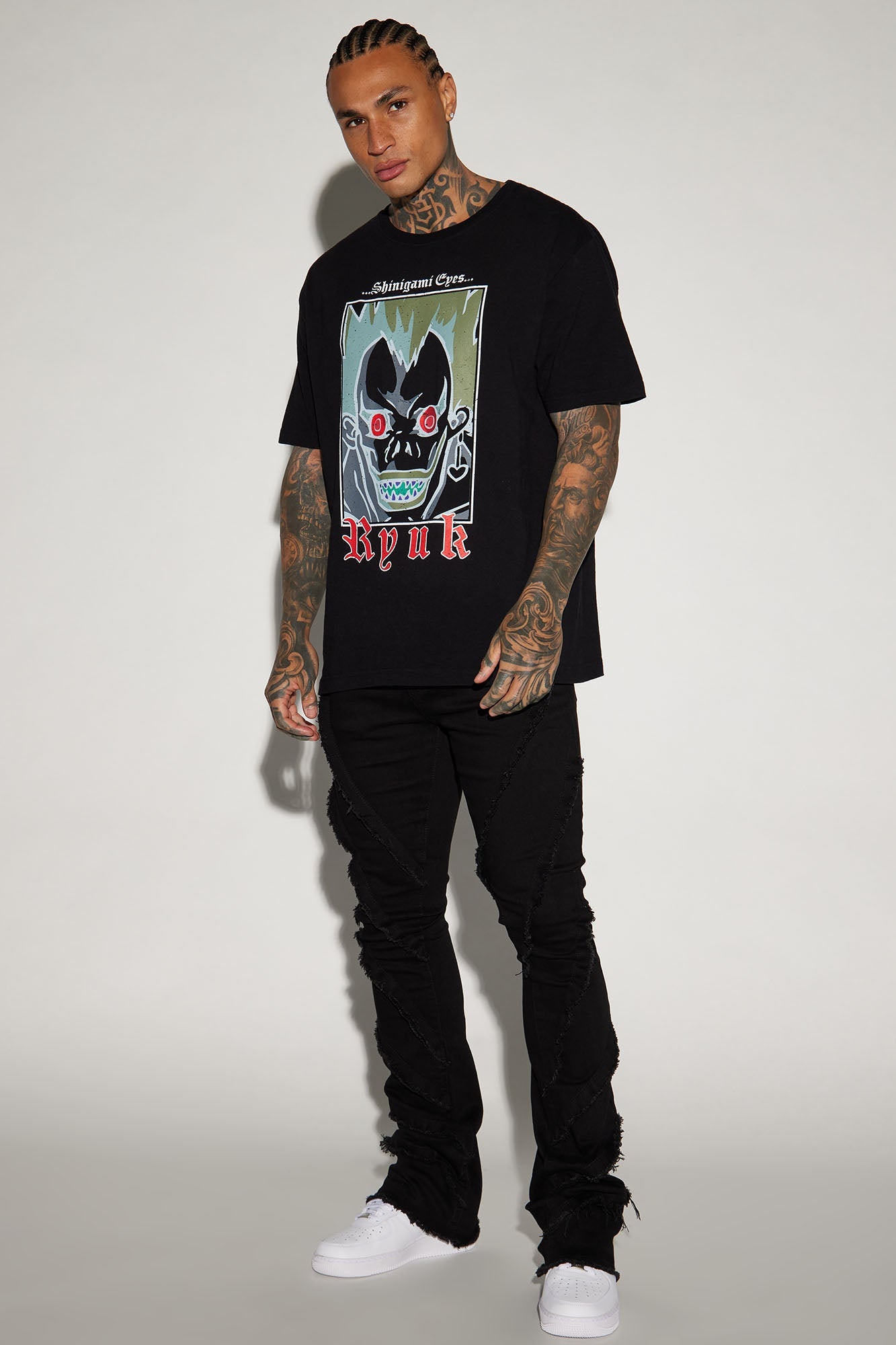 Slanted Fray Stacked Skinny Flare Jeans - Black image 2
