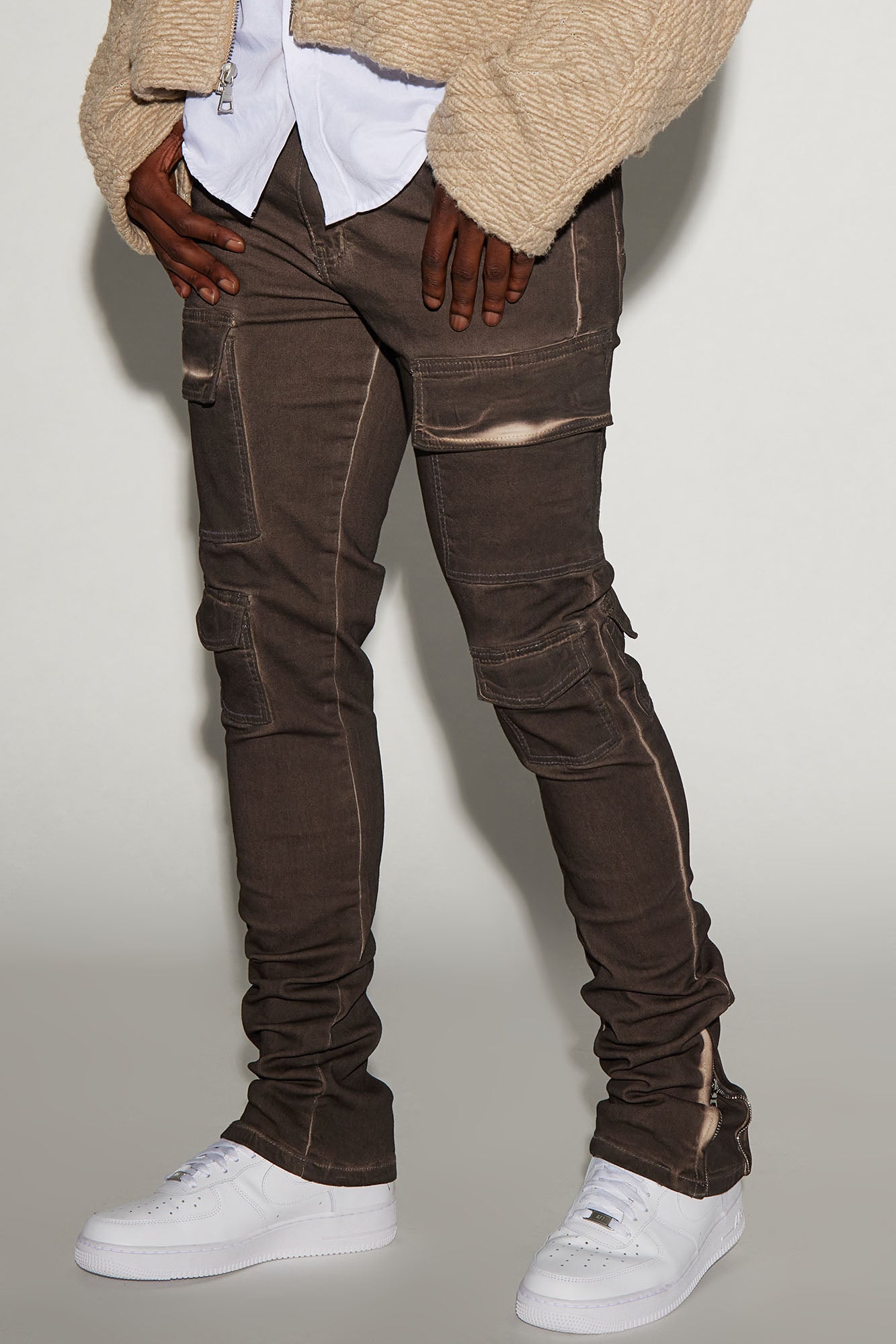 Triple Cargo Stacked Skinny Flare Jeans - Chocolate image 1