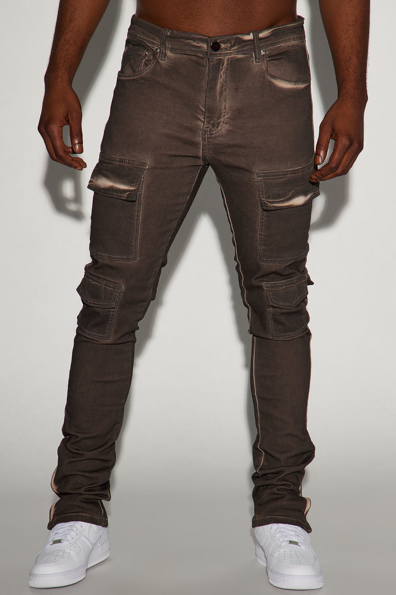Triple Cargo Stacked Skinny Flare Jeans - Chocolate image 4