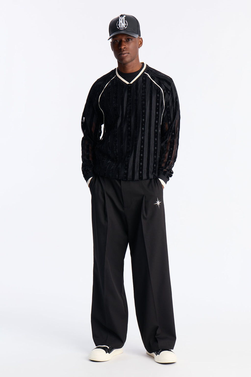 Luxe Grid Paneled V Neck Shirt - Black image 2