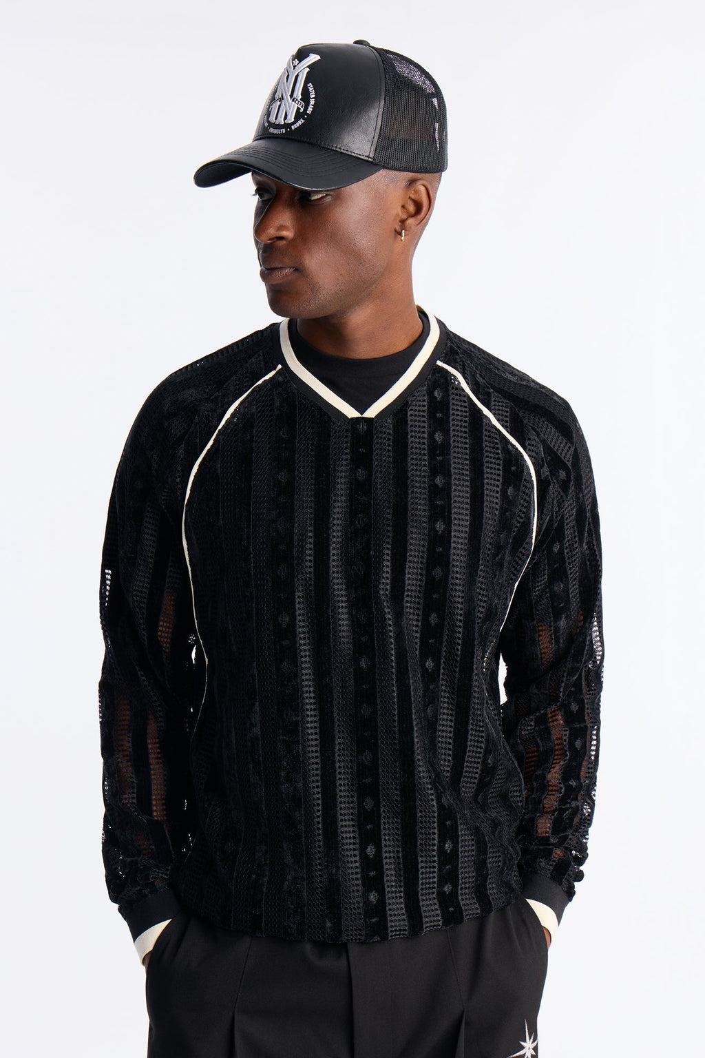 Luxe Grid Paneled V Neck Shirt - Black image 1