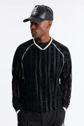 Luxe Grid Paneled V Neck Shirt - Black image 1