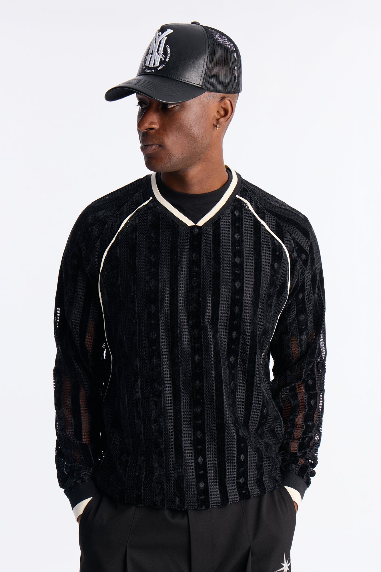 Luxe Grid Paneled V Neck Shirt - Black image 1