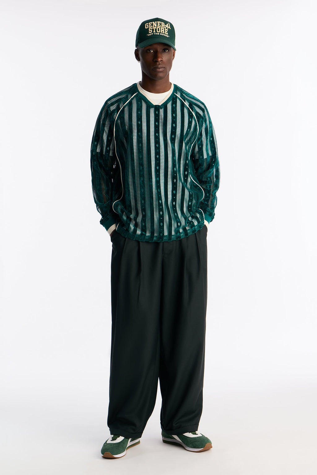 Luxe Grid Paneled V Neck Shirt - Hunter Green image 2