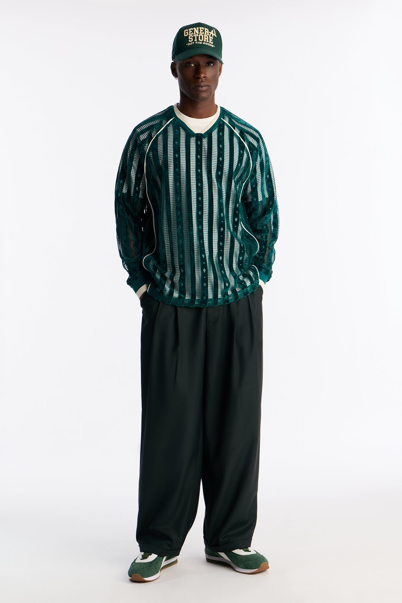 Luxe Grid Paneled V Neck Shirt - Hunter Green image 2