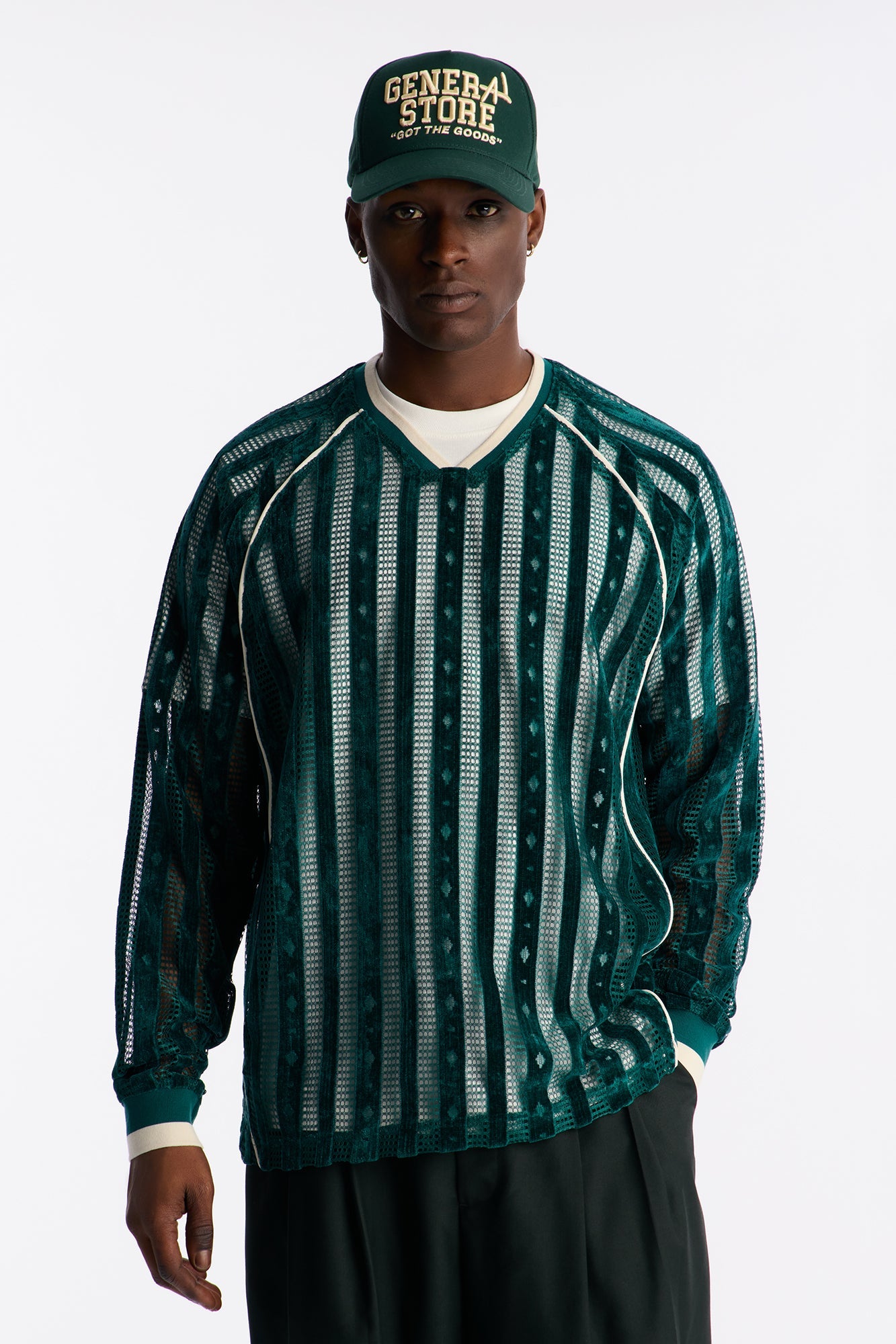 Luxe Grid Paneled V Neck Shirt - Hunter Green image 1