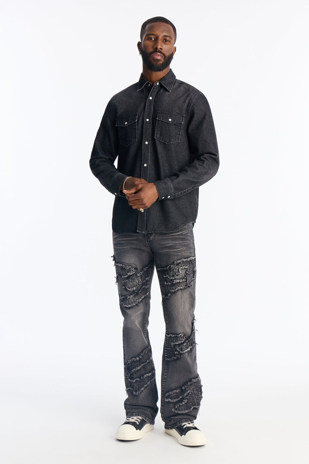Stacked Slim Flare Fray Waves Jeans - Black Wash image 2