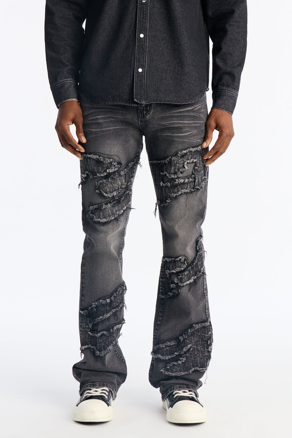 Stacked Slim Flare Fray Waves Jeans - Black Wash image 1