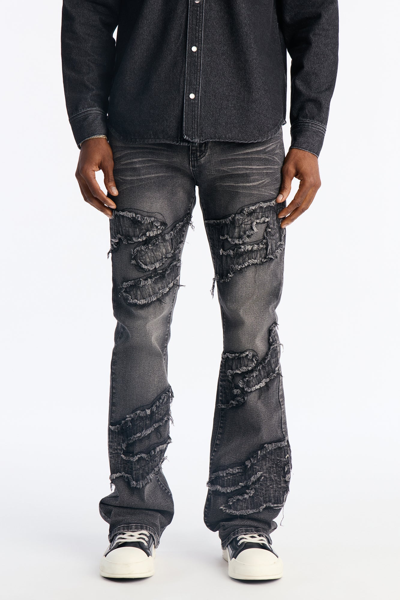 Stacked Slim Flare Fray Waves Jeans - Black Wash image 1