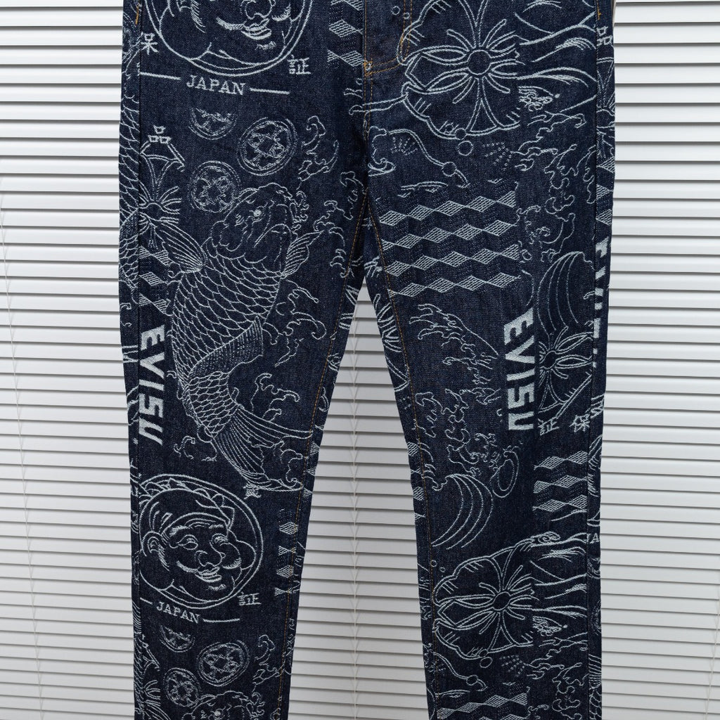 Evisu Kuro Wagara Allover Jacquard Print Seagull Logo Selvedge Jeans