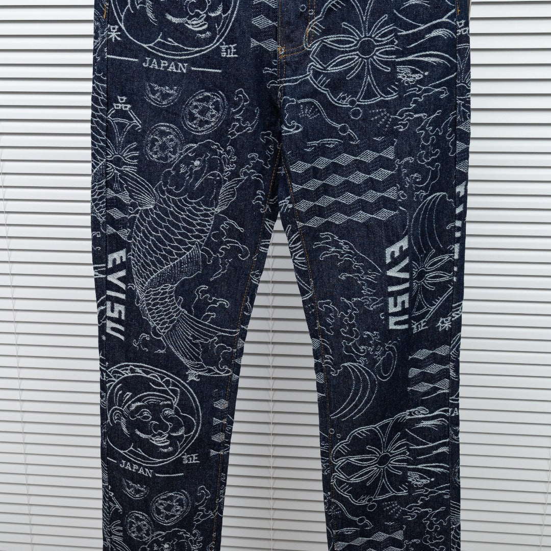 Evisu Kuro Wagara Allover Jacquard Print Seagull Logo Selvedge Jeans