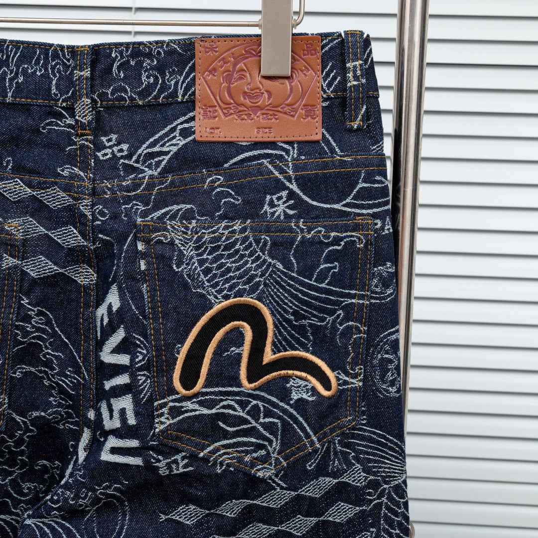 Evisu Kuro Wagara Allover Jacquard Print Seagull Logo Selvedge Jeans