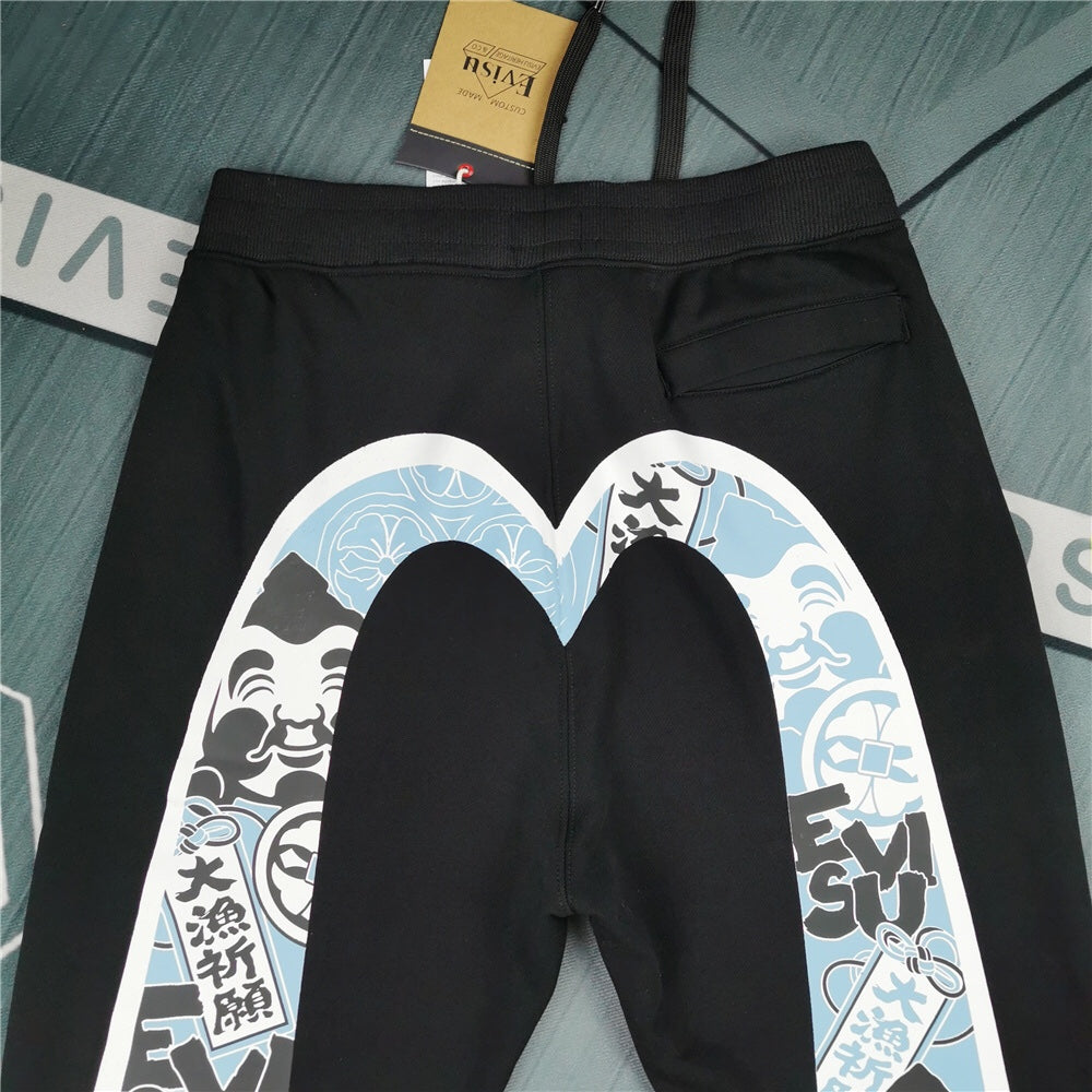 Evisu Kuro Daruma Tairyo Kigan Ice Blue M-Logo Graphic Jogger Sweatpants