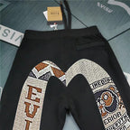 Evisu Kuro Pixel Patchwork Chenille M-Logo Gold Embroidery Jogger Sweatpants