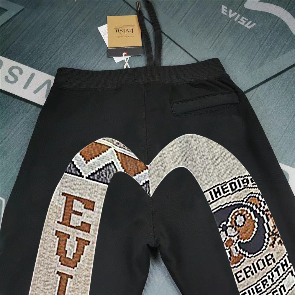 Evisu Kuro Pixel Patchwork Chenille M-Logo Gold Embroidery Jogger Sweatpants