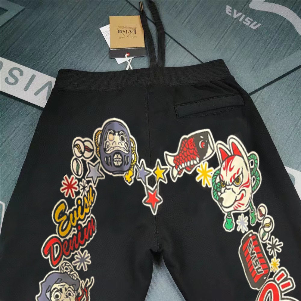 Evisu Kuro Denim Kitsune Daruma Sticker Collage M-Logo Graphic Jogger Sweatpants