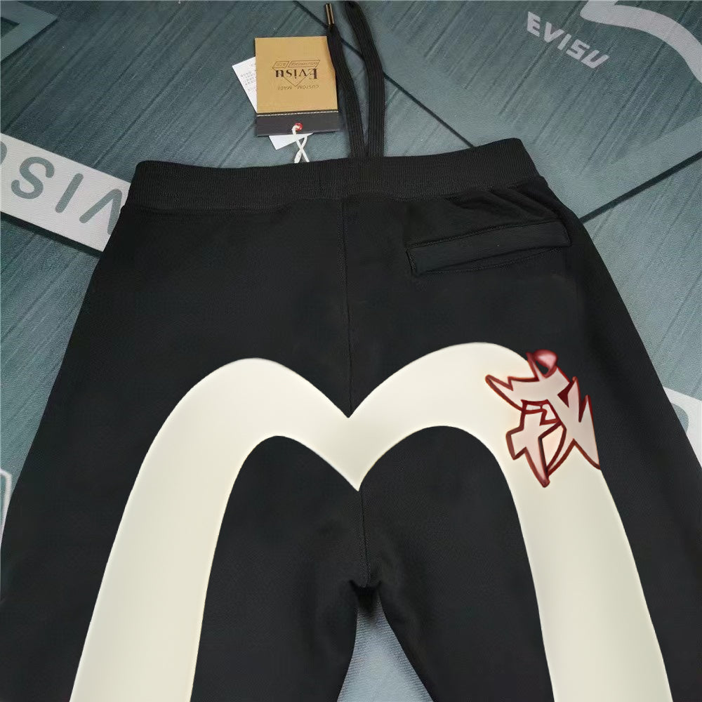 Evisu Kuro Cream M-Seagull Dual Daruma & Kitsune Graffiti Graphic Jogger Sweatpants