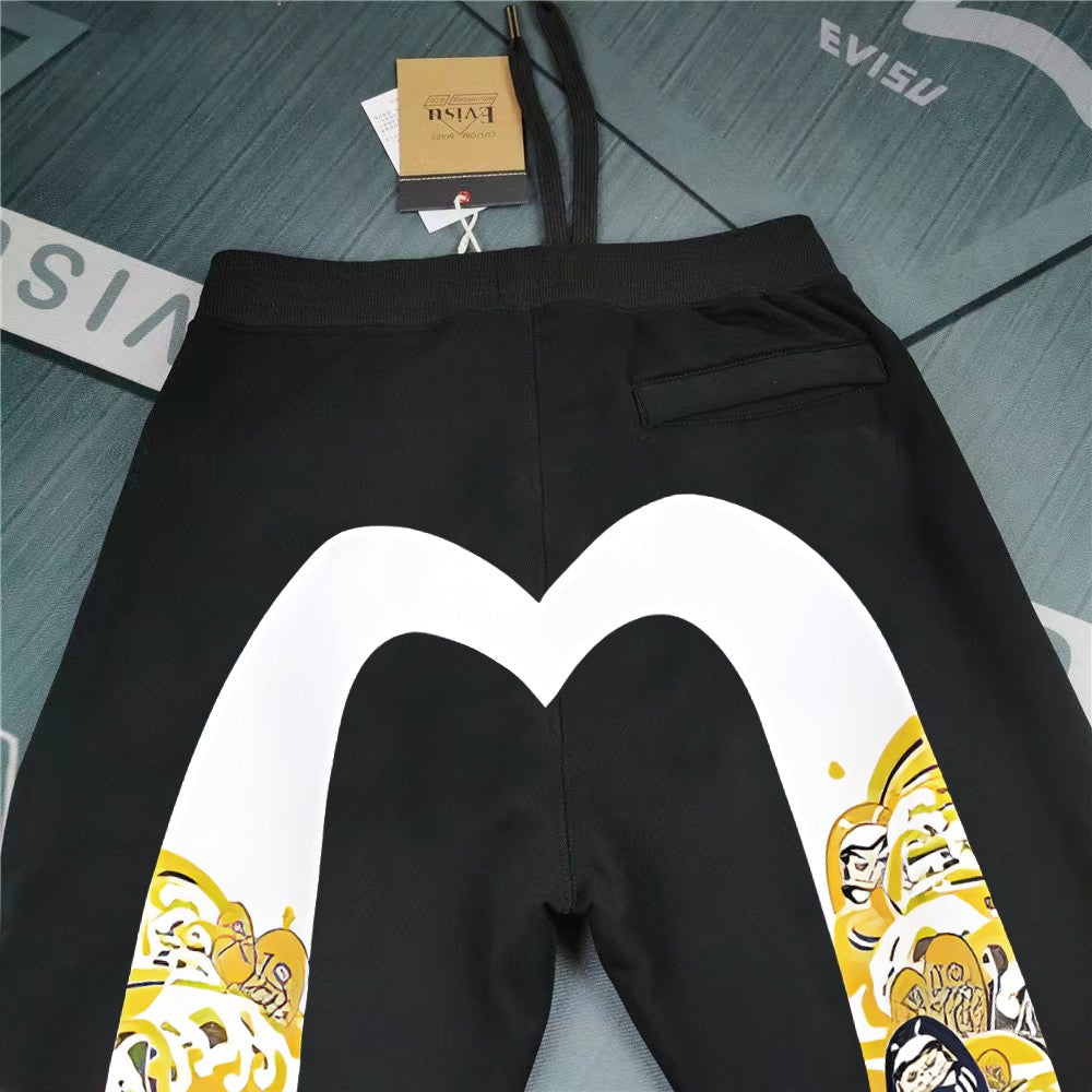Evisu Kuro Daruma & Gold Coin Allover M-Seagull Jogger Sweatpants with Blue Bubble Graffiti Logo