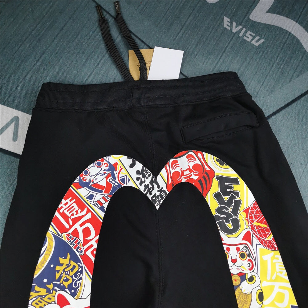Evisu Kuro Lucky Charm Matsuri Allover M-Seagull Jogger Sweatpants — Maneki-neko, Daruma & Koi