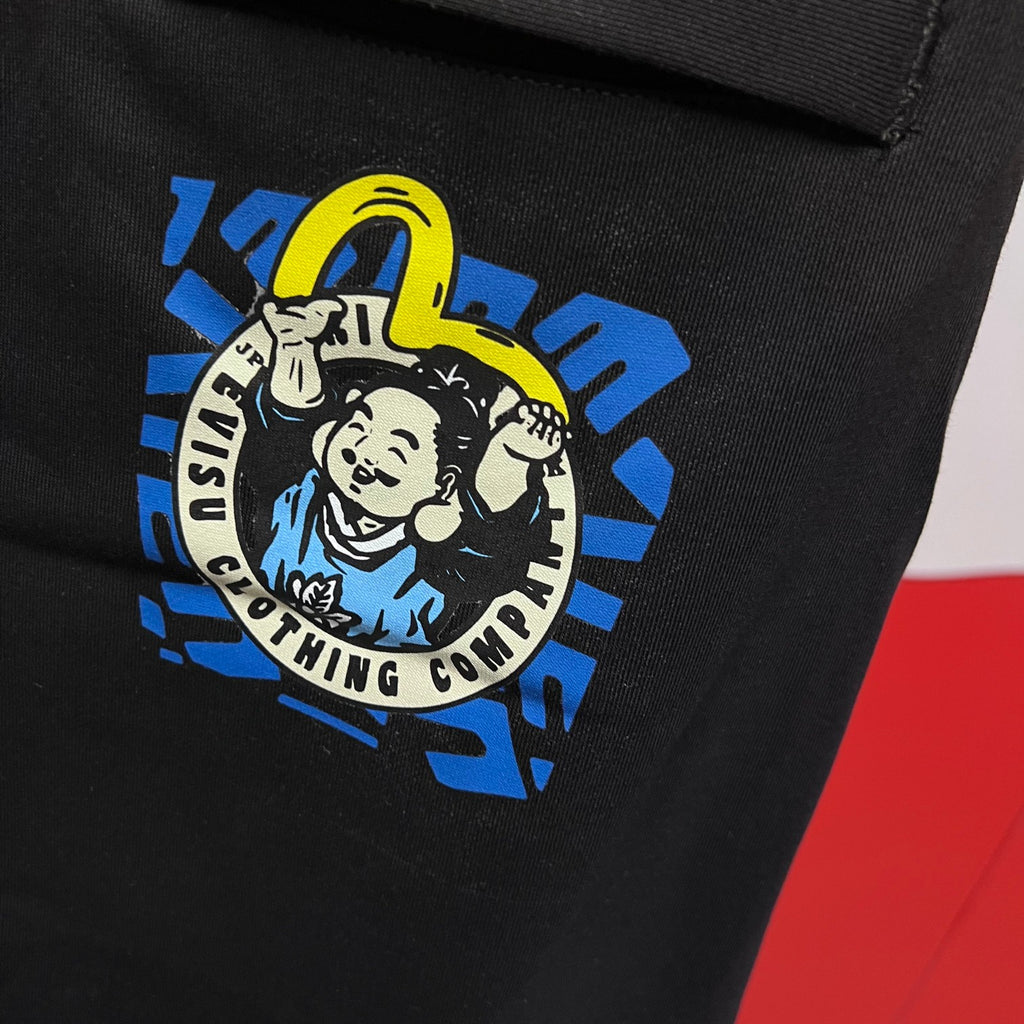 Evisu Kuro Hotei Fortune God Badge Jogger Sweatpants — Sport Italic Logo & Blue Leopard Camo