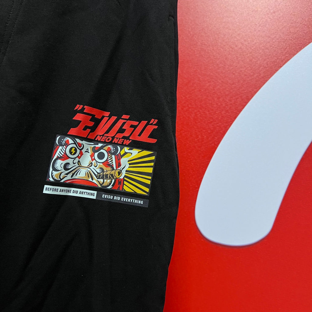 Evisu Kuro Neo New Daruma Jogger Sweatpants — Osaka Japan Back & Cyberpunk Daruma Front