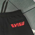 Evisu Kuro Fukusuke Diamond Jogger Sweatpants — Red Racing Logo Back & Katakana Detail