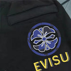 Evisu Kuro Kamon Crest Jogger Sweatpants — Triple Script Front & Blue Family Crest Back