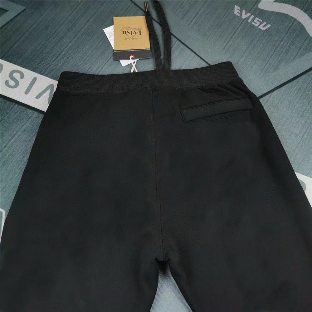 Evisu Kuro Sticker Patch Jogger Sweatpants — M-Seagull Shield & Polaroid Frame Front