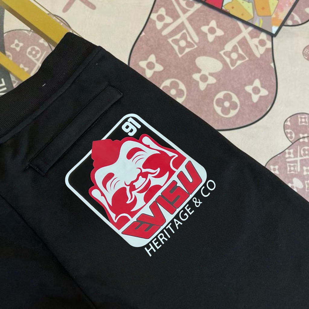 Evisu Kuro Heritage & Co Jogger Sweatpants — Red M-Seagull Front & Daruma Badge Back