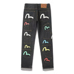 EVISU KURO Multi-Pocket Selvedge Denim Jeans Multicolor Seagull Logo All-Over Print