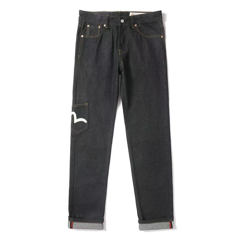EVISU KURO Multi-Pocket Selvedge Denim Jeans Multicolor Seagull Logo All-Over Print