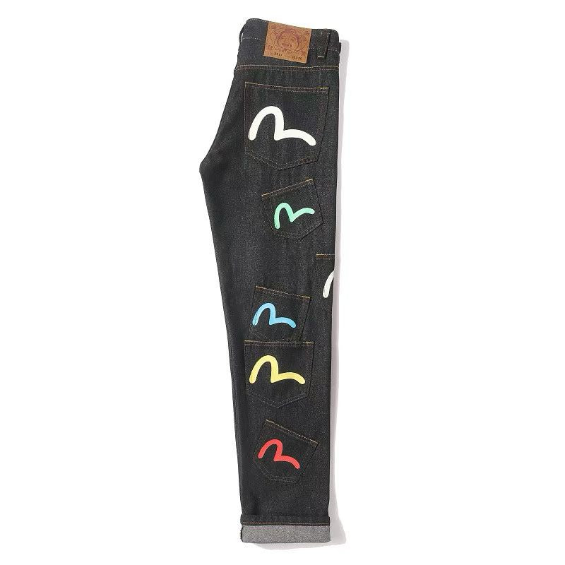 EVISU KURO Multi-Pocket Selvedge Denim Jeans Multicolor Seagull Logo All-Over Print