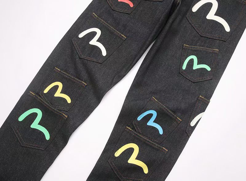 EVISU KURO Multi-Pocket Selvedge Denim Jeans Multicolor Seagull Logo All-Over Print