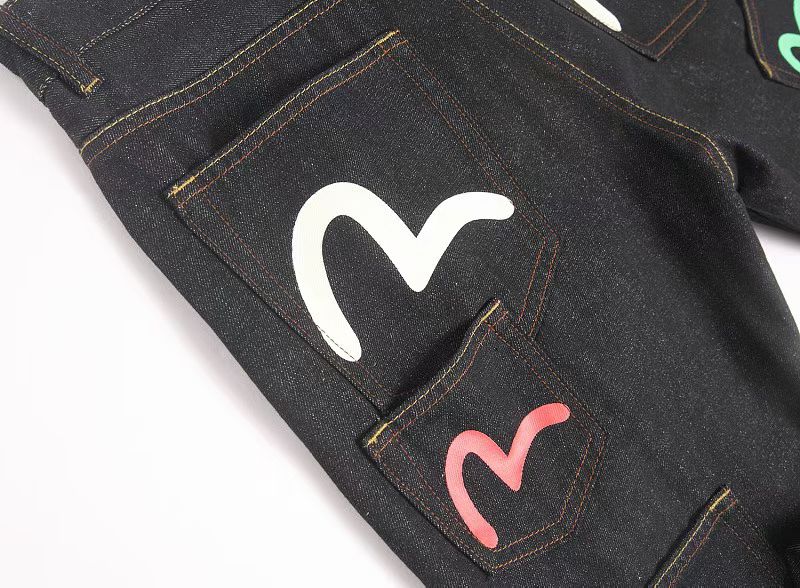 EVISU KURO Multi-Pocket Selvedge Denim Jeans Multicolor Seagull Logo All-Over Print