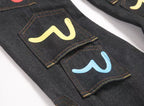 EVISU KURO Multi-Pocket Selvedge Denim Jeans Multicolor Seagull Logo All-Over Print