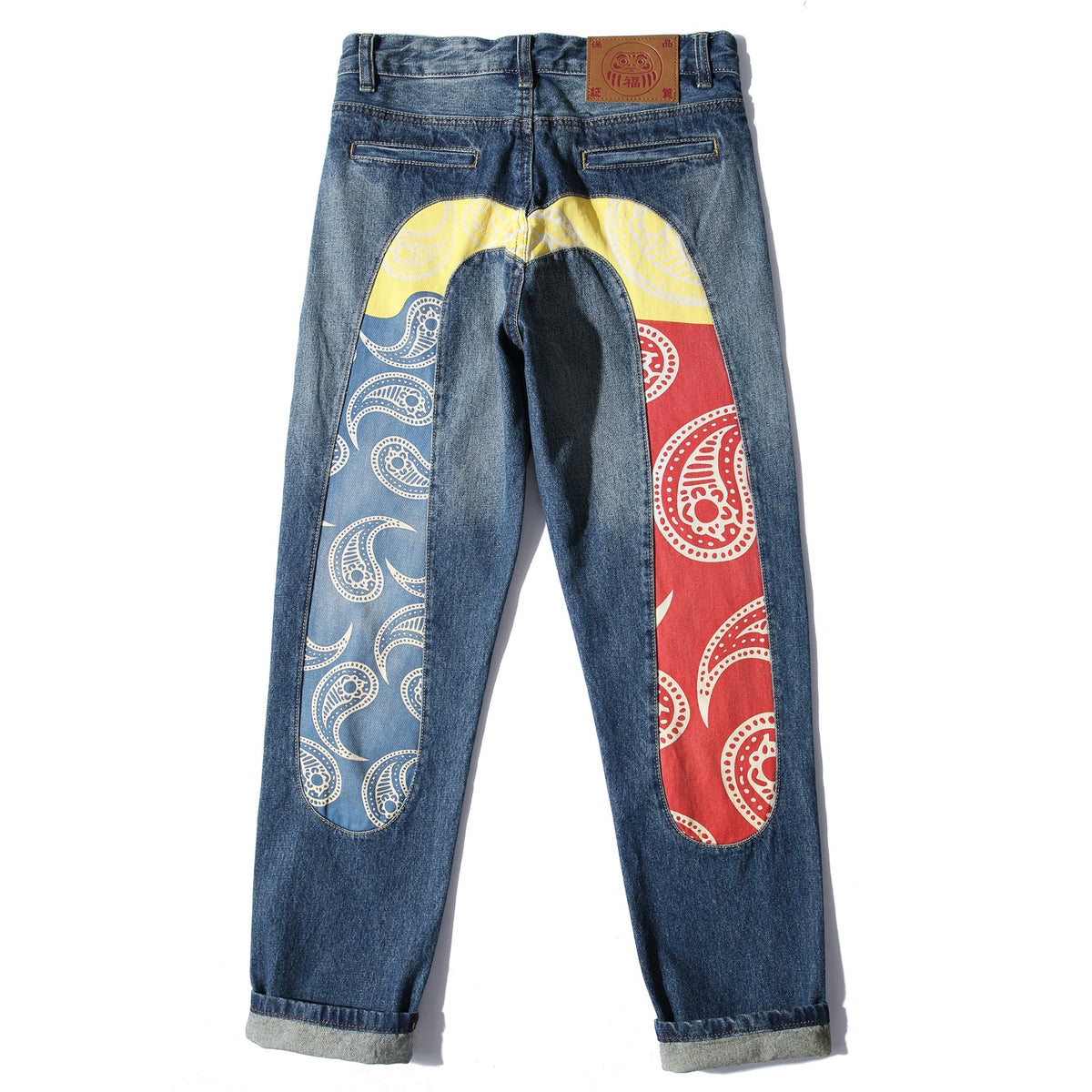 EVISU KURO Oversized Daicock Seagull Paisley Panel Jeans Mid-Blue Washed Selvedge Denim