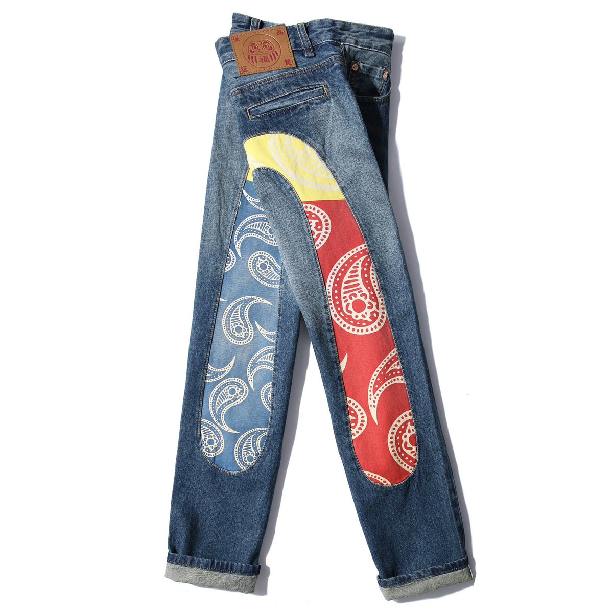 EVISU KURO Oversized Daicock Seagull Paisley Panel Jeans Mid-Blue Washed Selvedge Denim
