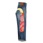 EVISU KURO Oversized Daicock Seagull Paisley Panel Jeans Mid-Blue Washed Selvedge Denim
