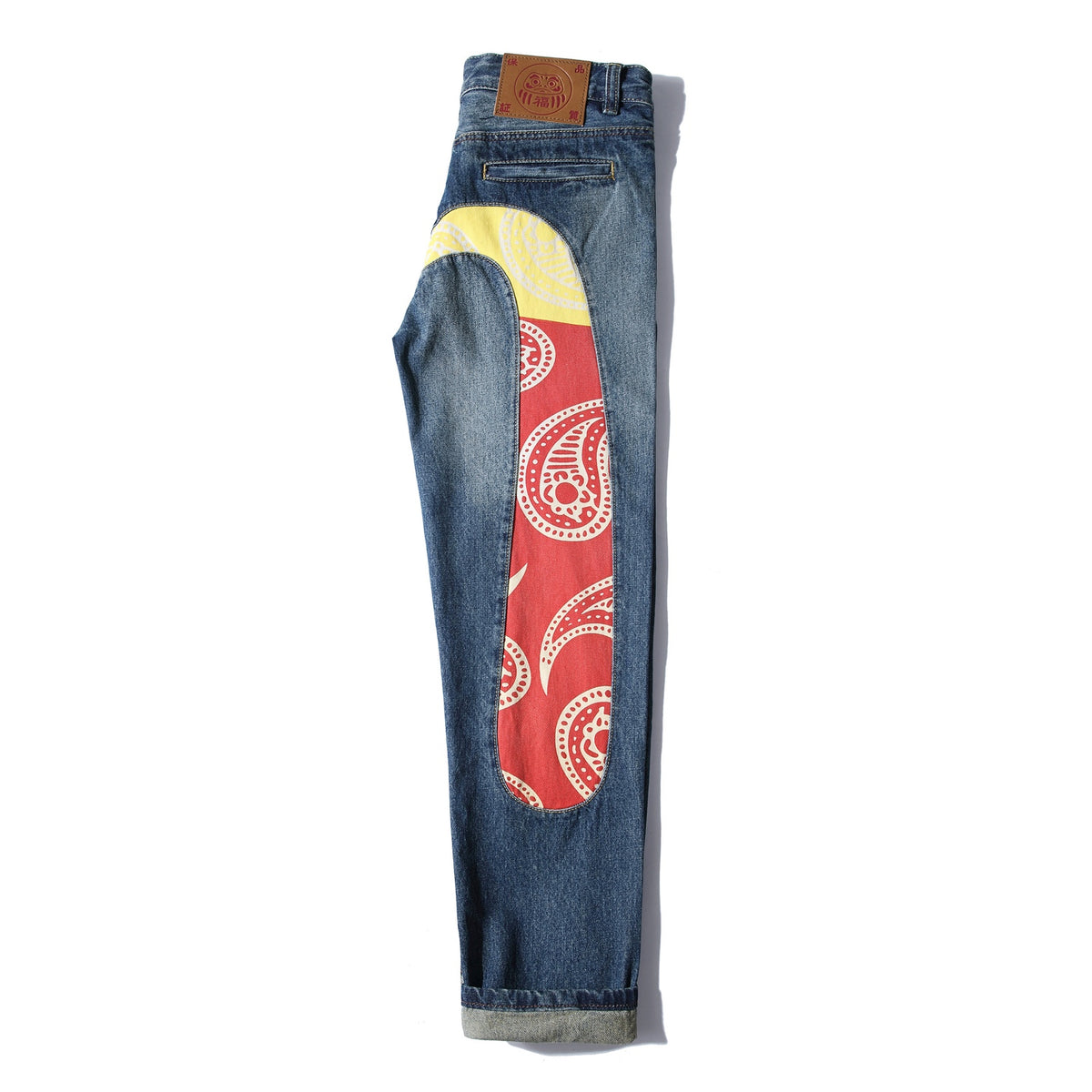 EVISU KURO Oversized Daicock Seagull Paisley Panel Jeans Mid-Blue Washed Selvedge Denim