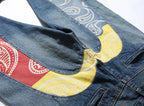 EVISU KURO Oversized Daicock Seagull Paisley Panel Jeans Mid-Blue Washed Selvedge Denim