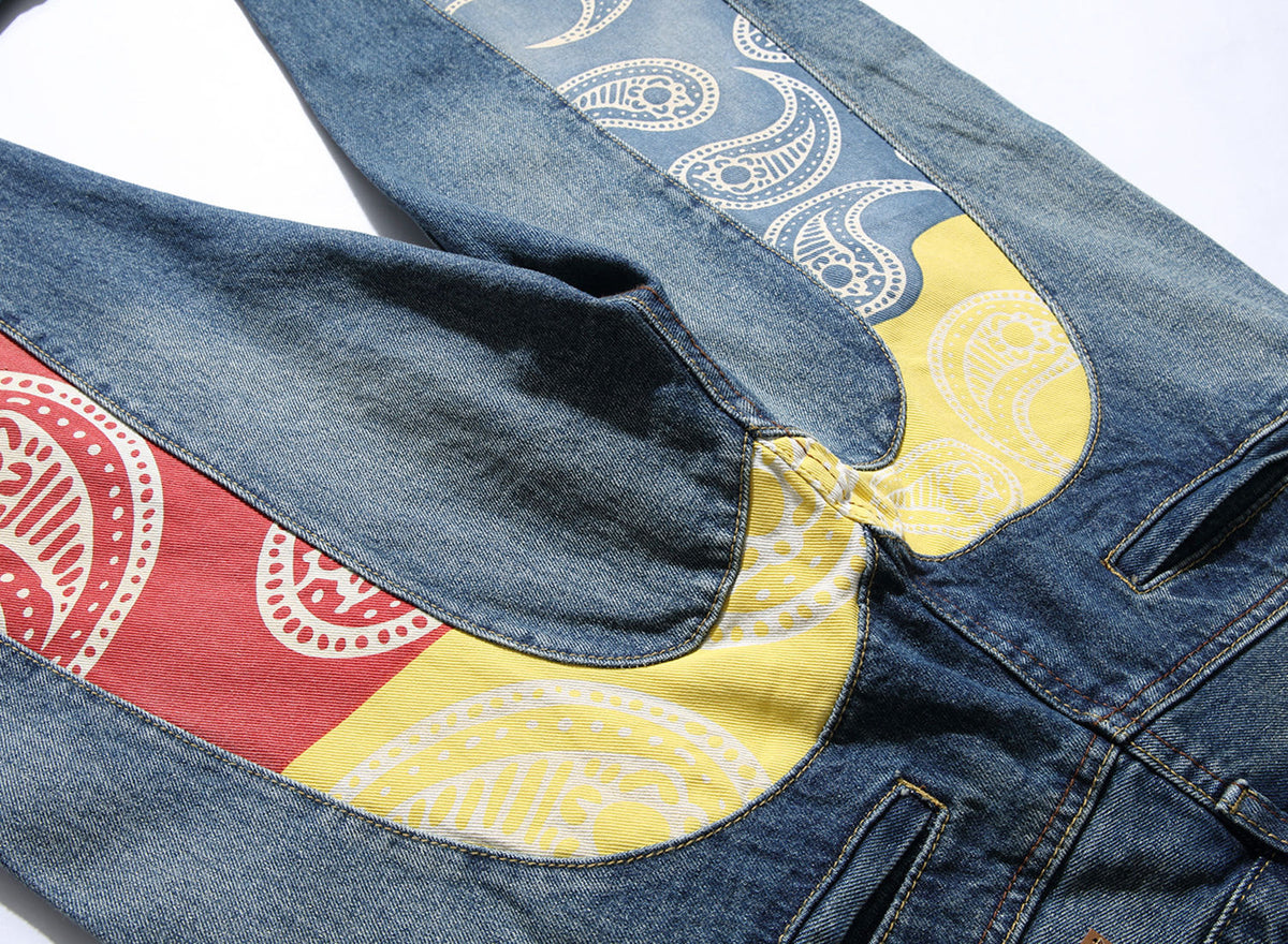 EVISU KURO Oversized Daicock Seagull Paisley Panel Jeans Mid-Blue Washed Selvedge Denim