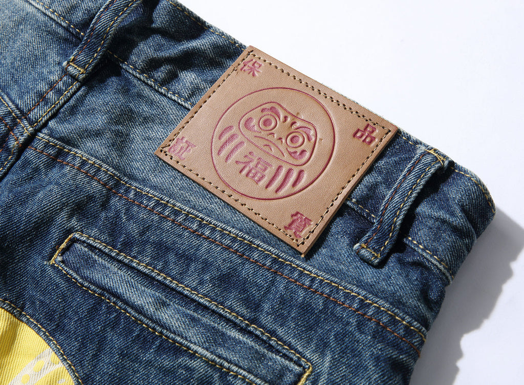 EVISU KURO Oversized Daicock Seagull Paisley Panel Jeans Mid-Blue Washed Selvedge Denim