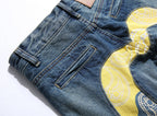 EVISU KURO Oversized Daicock Seagull Paisley Panel Jeans Mid-Blue Washed Selvedge Denim
